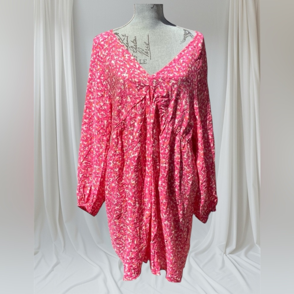 H&M Pink Floral Flowy V-Neck Mini Dress Long Sleeve Tunic